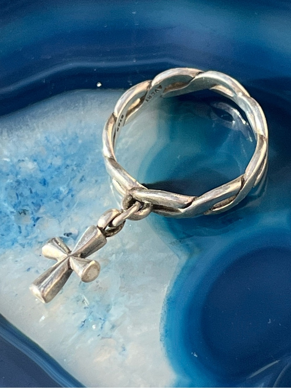 Retired James Avery Sterling Silver Twisted Band Ring with Dangling Cross